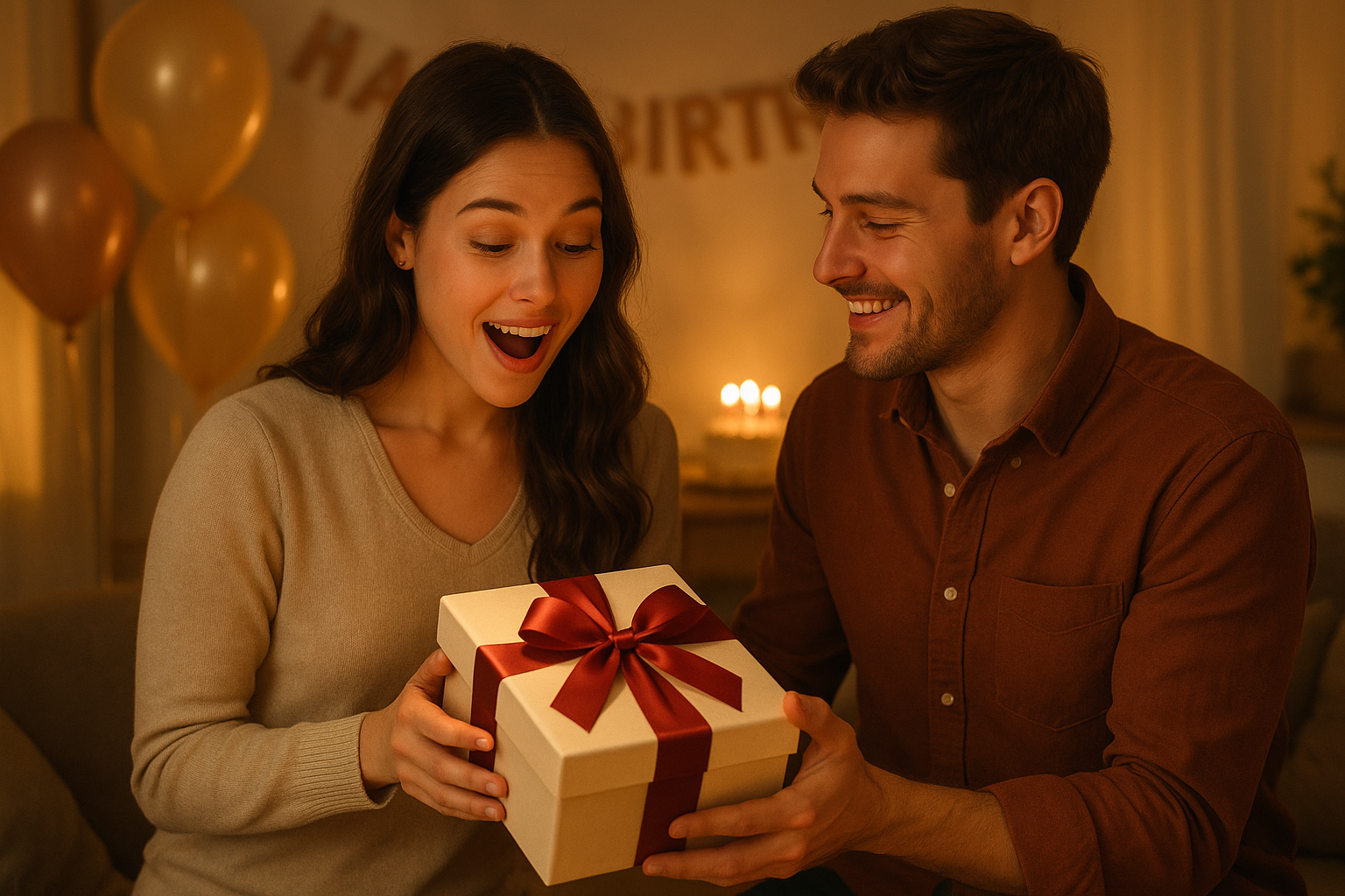 image of a boyfriend gifting his girlfriend for her birthday a gift